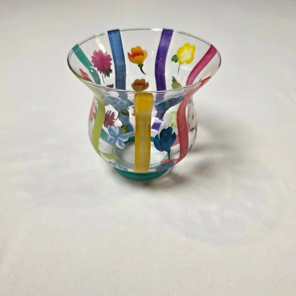 Teleflora Floral Striped Vase Home Decor Multicolor Hand Painted‎ Glass 5.5in